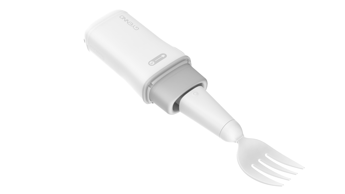 Adaptive twist utensil with curved white handle and grey neck, fork-style tines