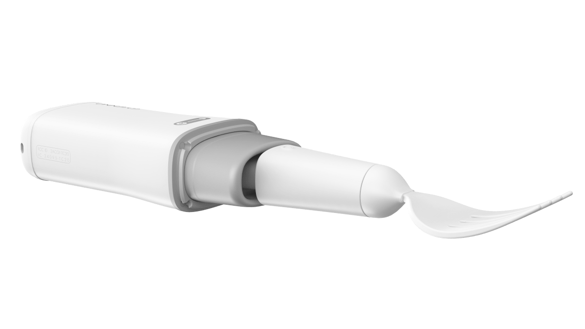 Adaptive twist spoon attachment with white handle, grey joint, and flat spoon tip