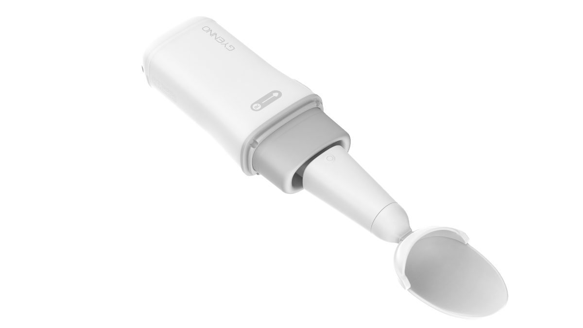 Adaptive twist spoon with curved white handle and angled grey neck, open spoon head