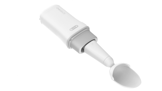 Adaptive twist spoon with curved white handle and angled grey neck, open spoon head