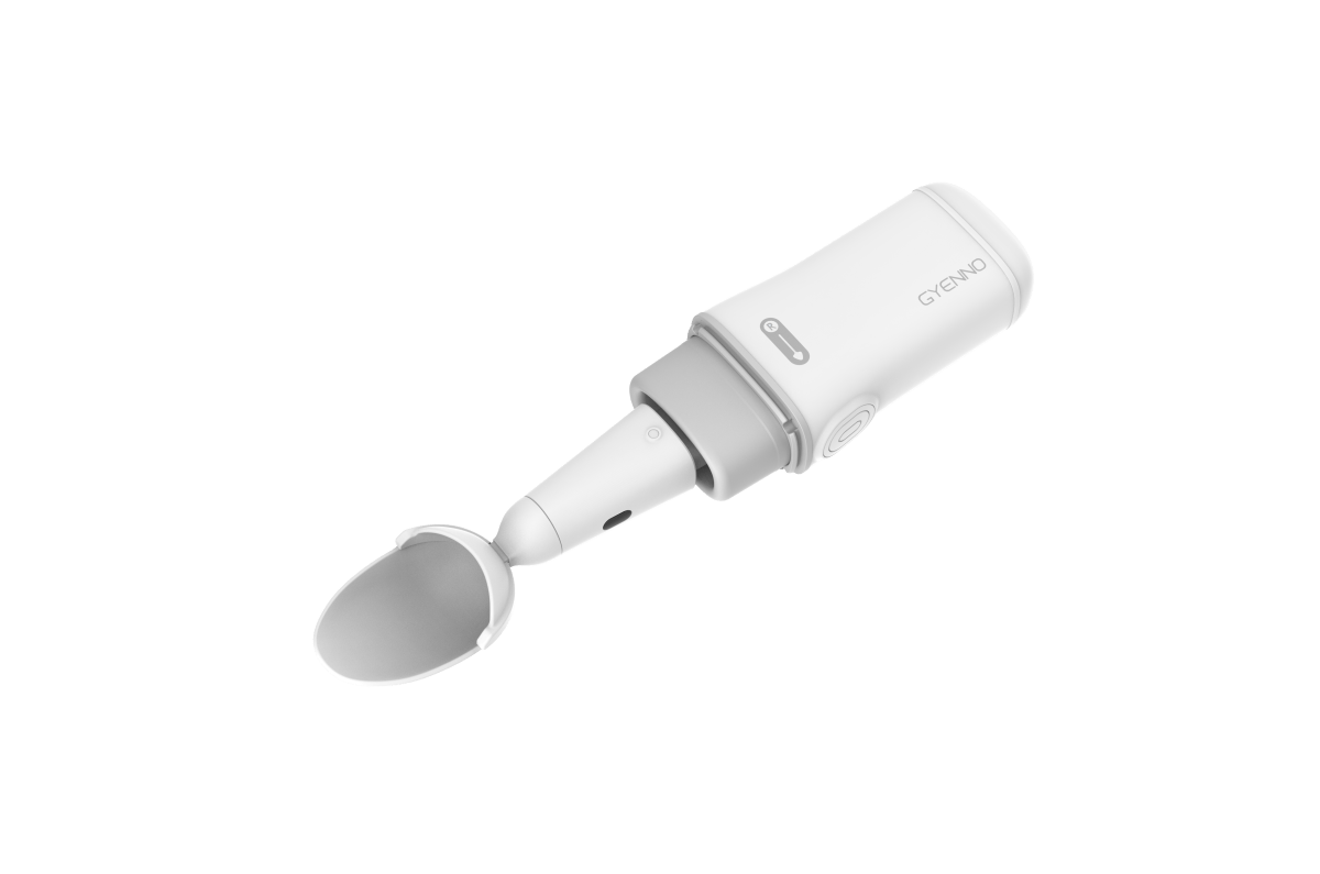Adaptive twist spoon with rounded bowl head, white handle, and grey locking ring