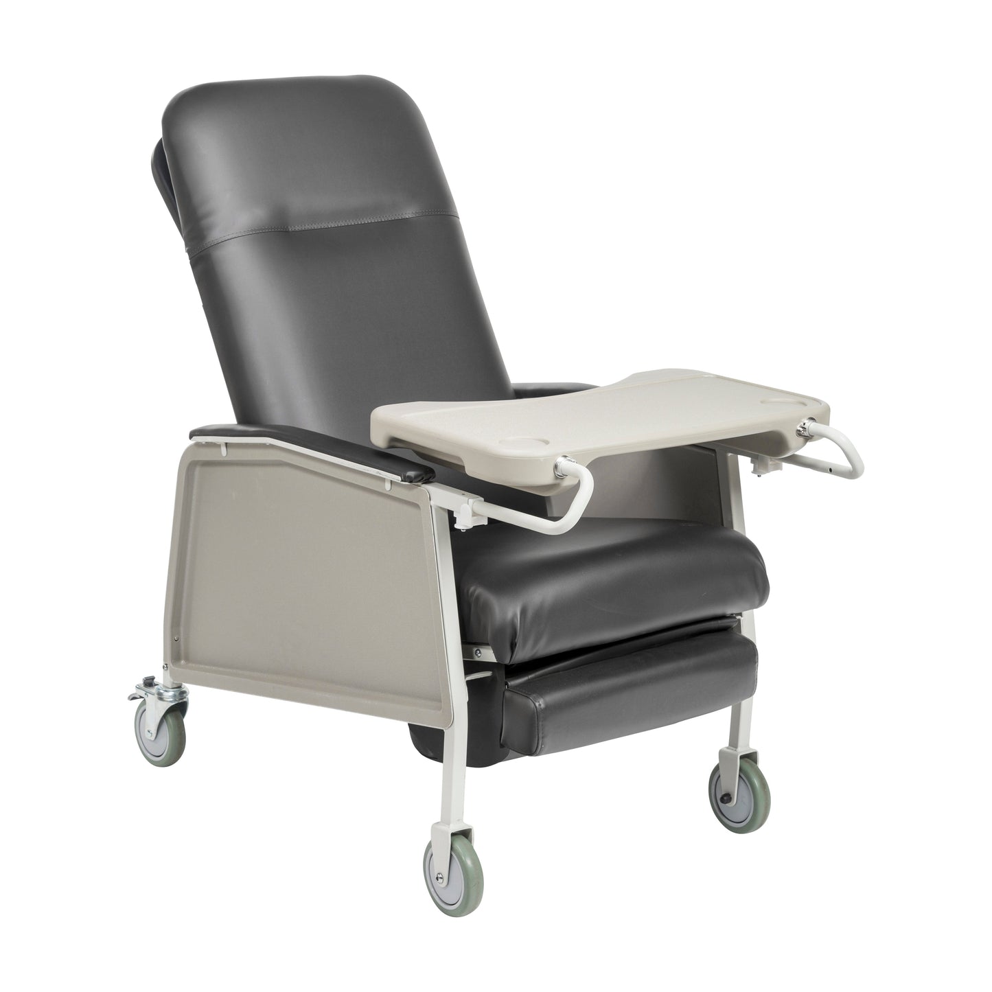 Charcoal bariatric recliner chair with 3-position backrest, padded arms, locking side tray and casters