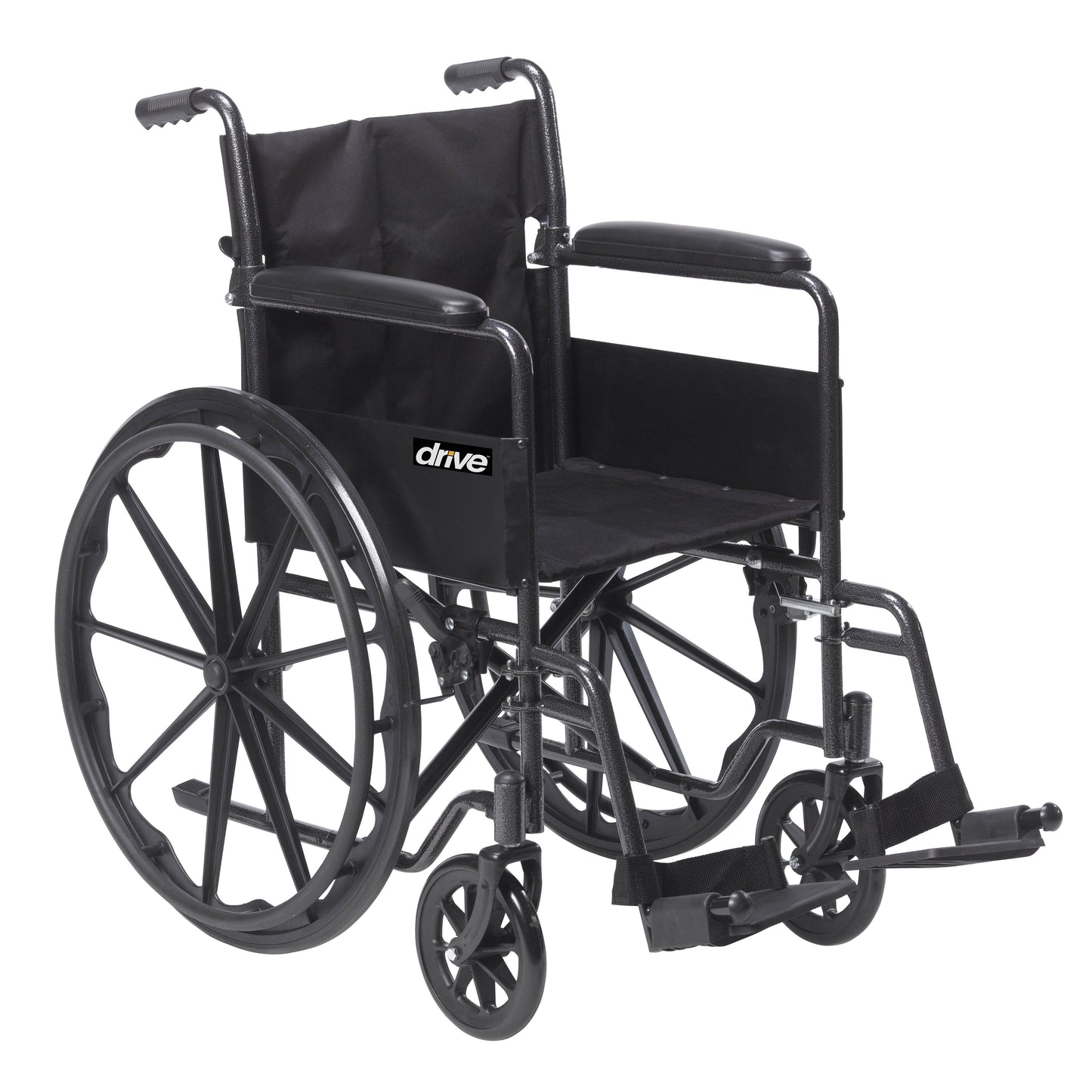 Black wheelchair with full armrests and swing-away removable footrest