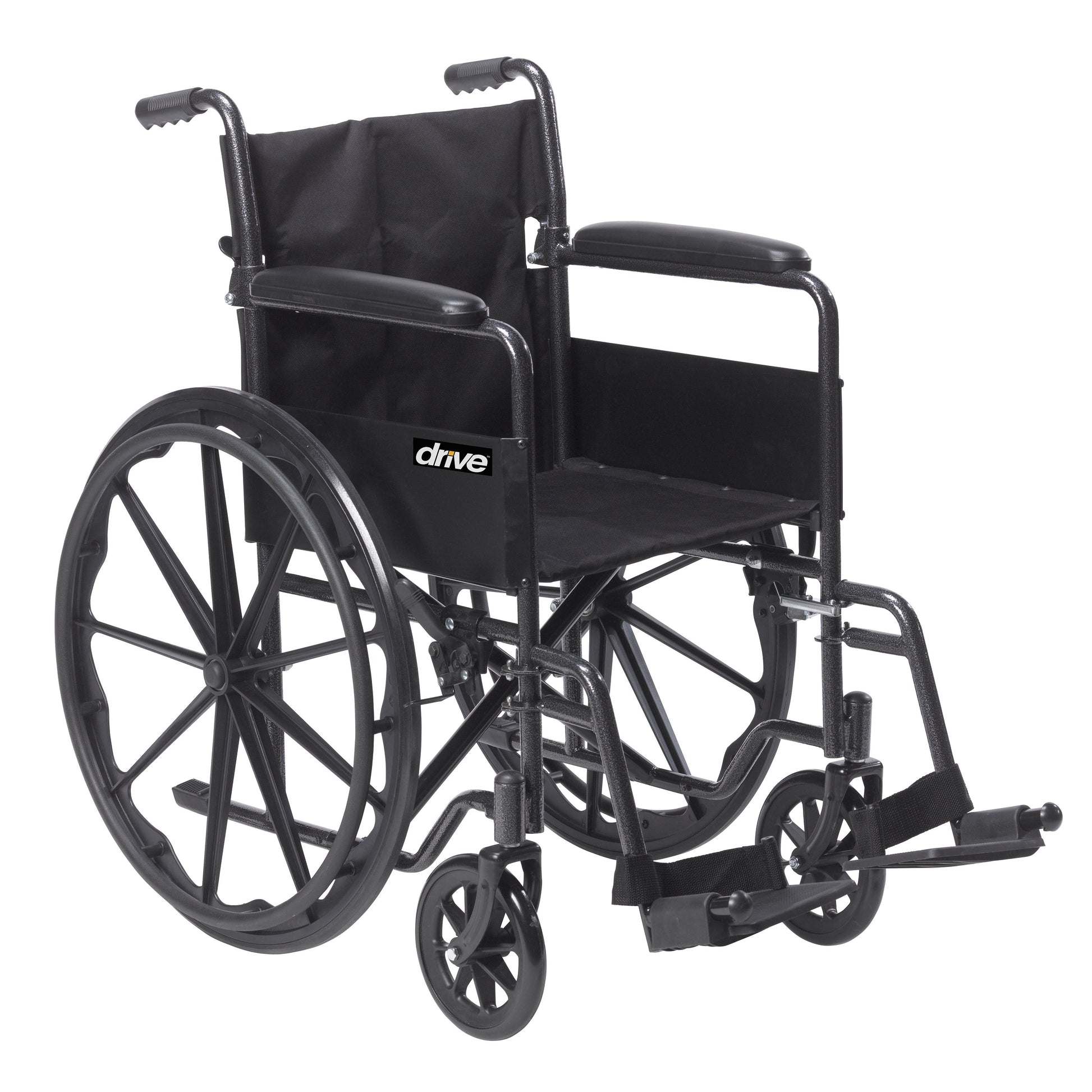 Black wheelchair with full armrests and swing-away removable footrest
