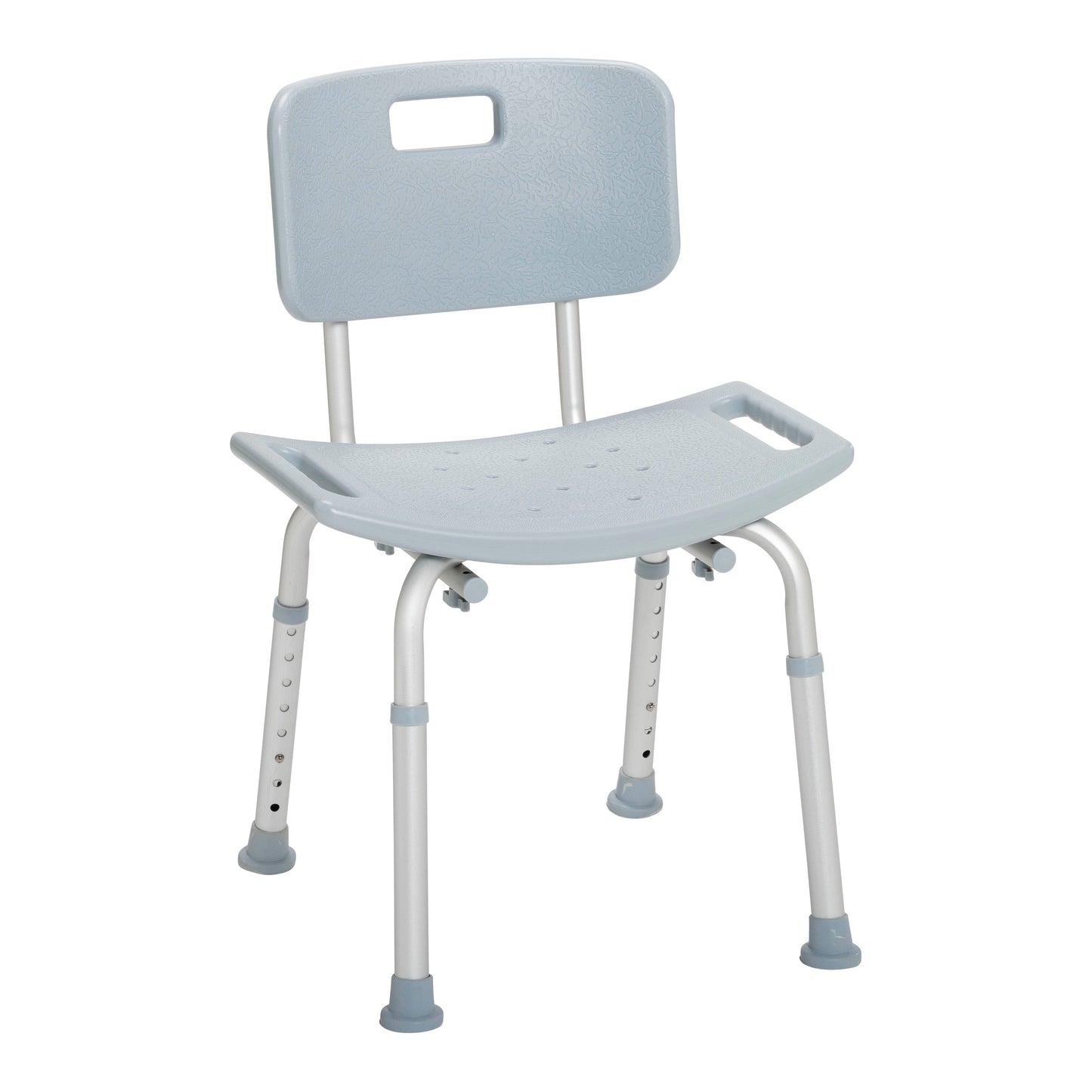 Gray shower bench chair with backrest, contoured seat, adjustable legs