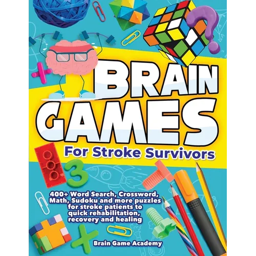 Paperback puzzle book cover with large “BRAIN GAMES” title and stroke-survivor subtitle