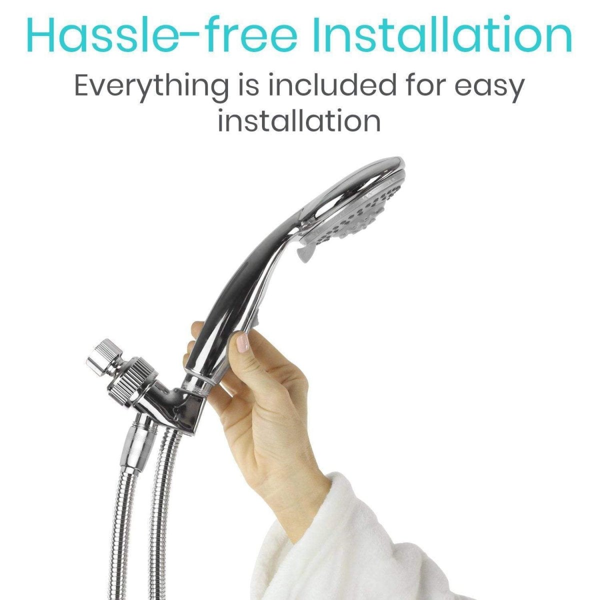 Handheld shower head held near the hose connection for simple, direct installation