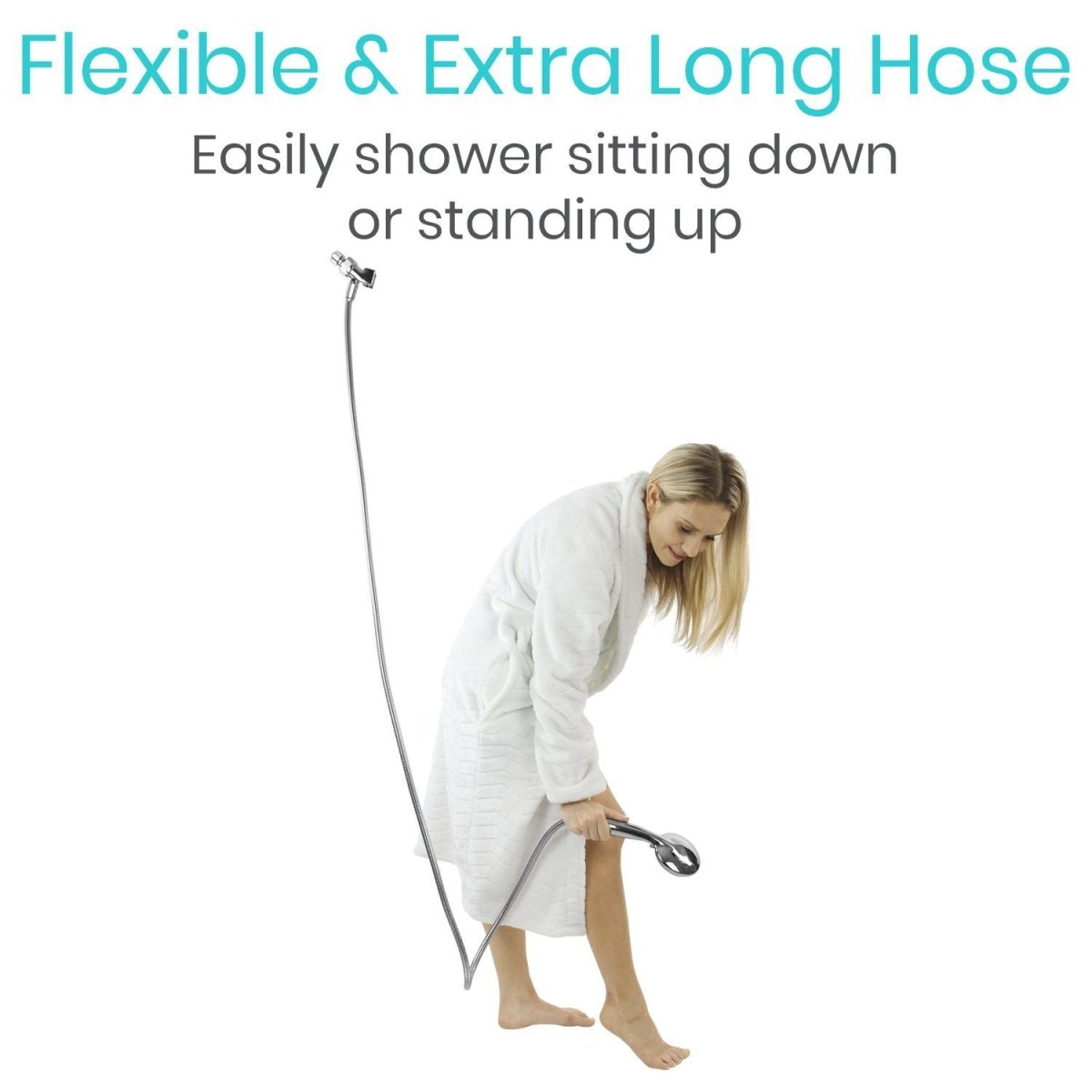 Handheld shower head with extra-long flexible hose for reaching while standing or sitting