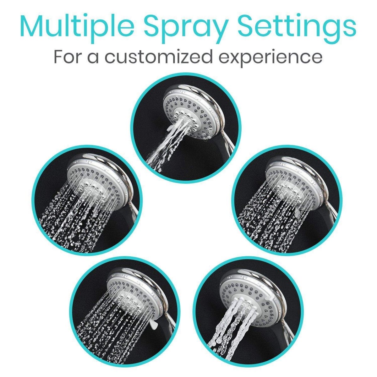 Handheld shower head showing multiple spray patterns from round nozzle face