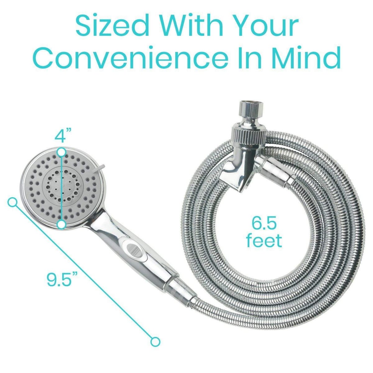 Chrome handheld shower head with flexible hose; round head and connected hose length shown