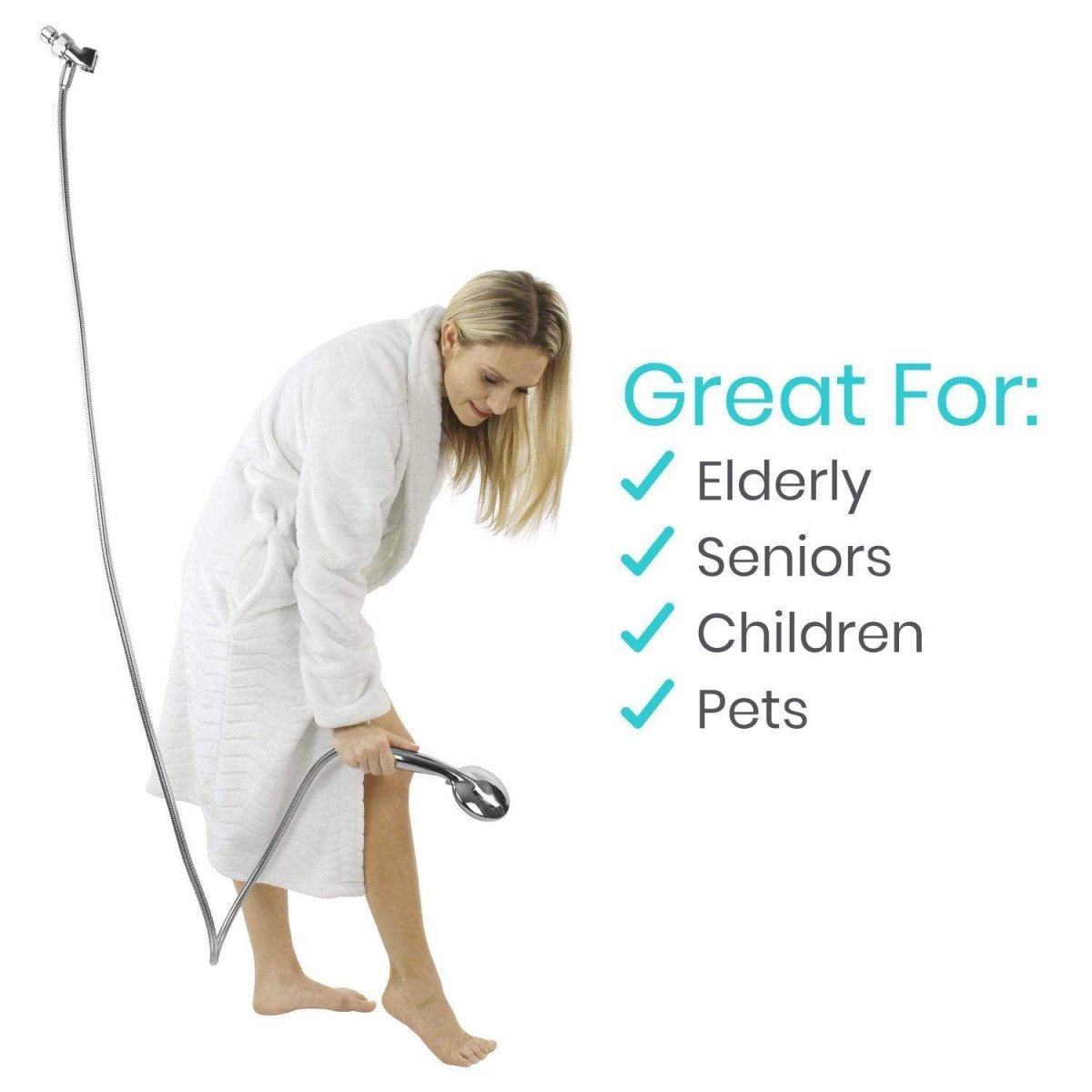 Handheld shower head held in hand with extra-long hose for convenient bathing