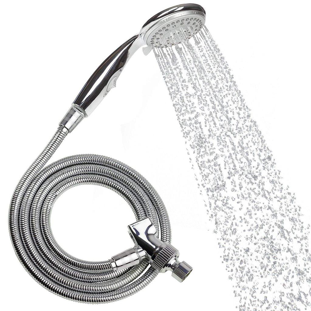 Chrome handheld shower head with flexible metal hose, releasing a full water spray