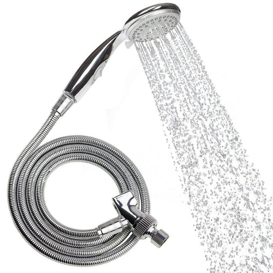 Chrome handheld shower head with flexible metal hose, releasing a full water spray
