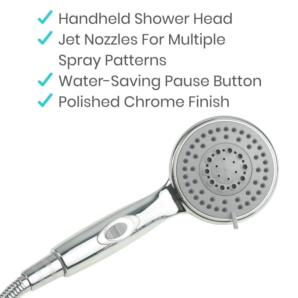 Close-up of chrome handheld shower head with button area and circular spray nozzle