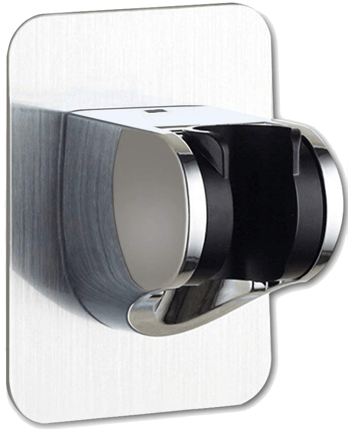 Handheld shower holder with metal bracket and black clamp, wall mount style.