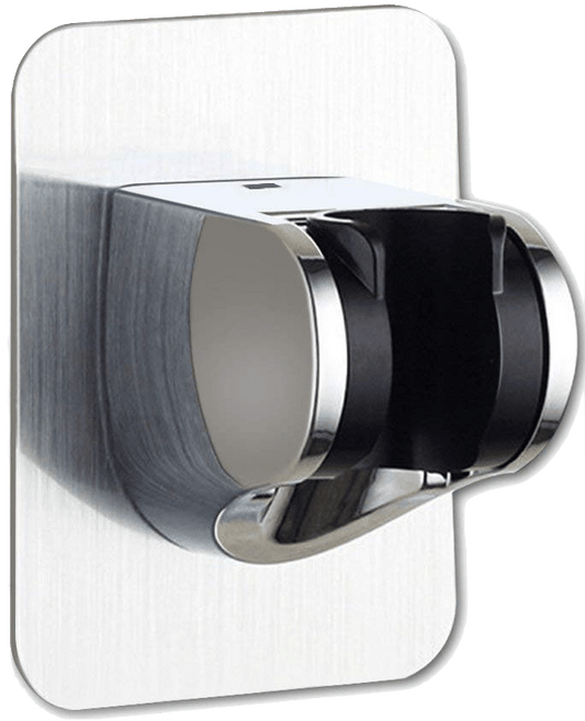 Handheld shower holder with metal bracket and black clamp, wall mount style.