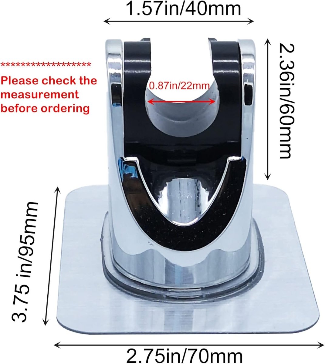 Handheld shower holder dimensions diagram: 70mm wide, 40mm opening, 65mm height.