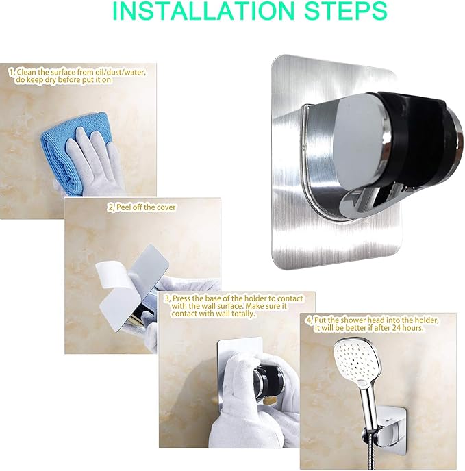 Handheld shower holder installation steps showing adhesive wall mount and snap-in clamp.