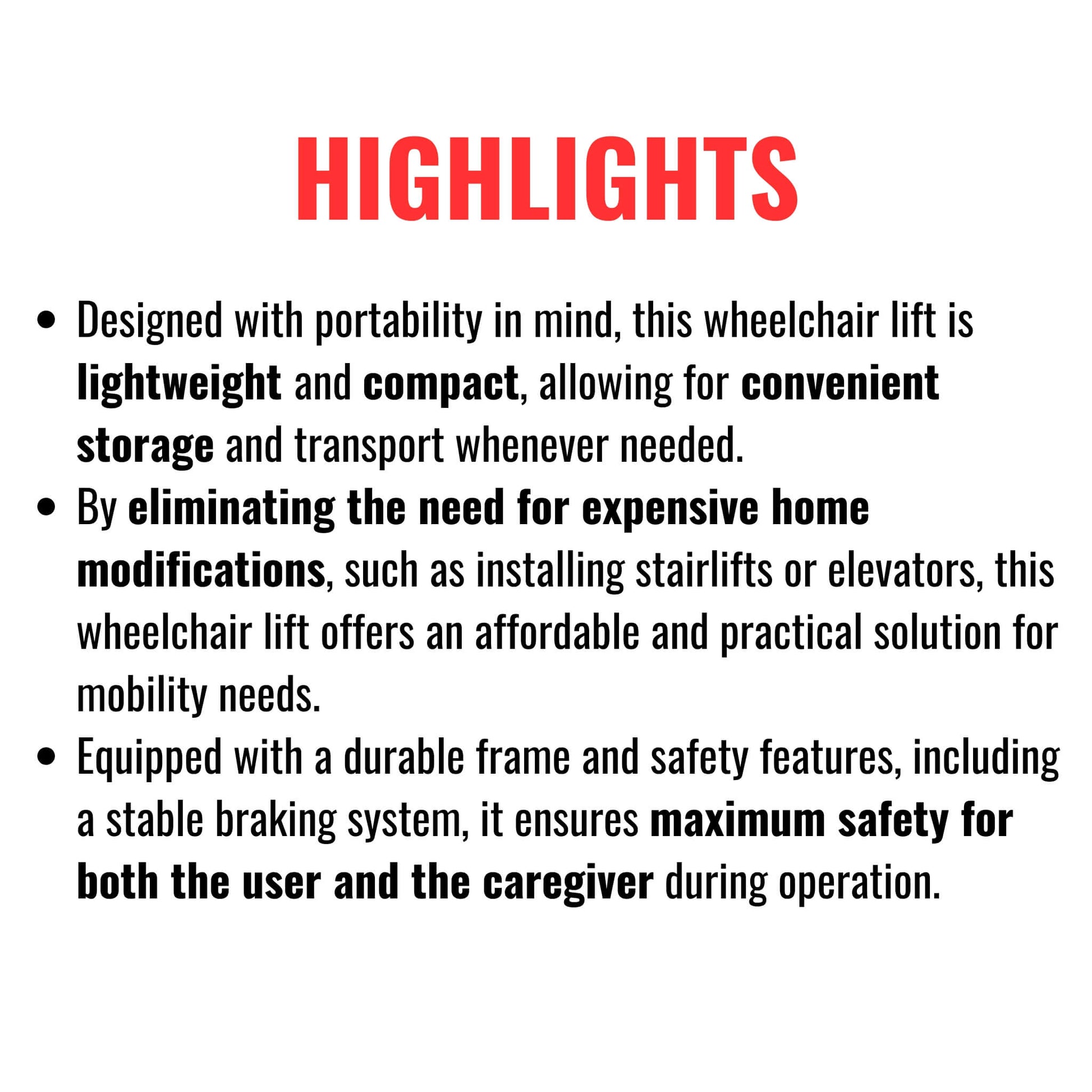 Wheelchair lift highlights slide with bullet points on features and safety