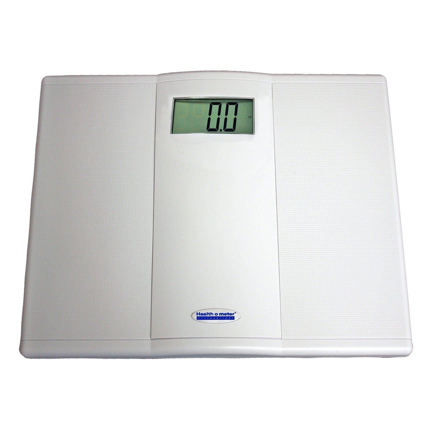 White digital floor scale with LCD display reading 0.0 lb