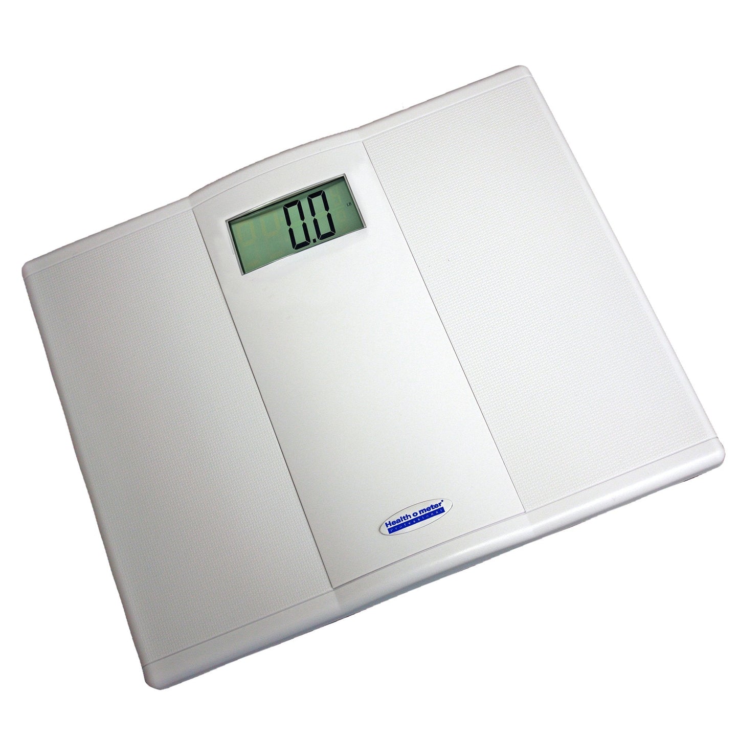 Digital floor scale, LCD display showing 0.0 lb, angled view