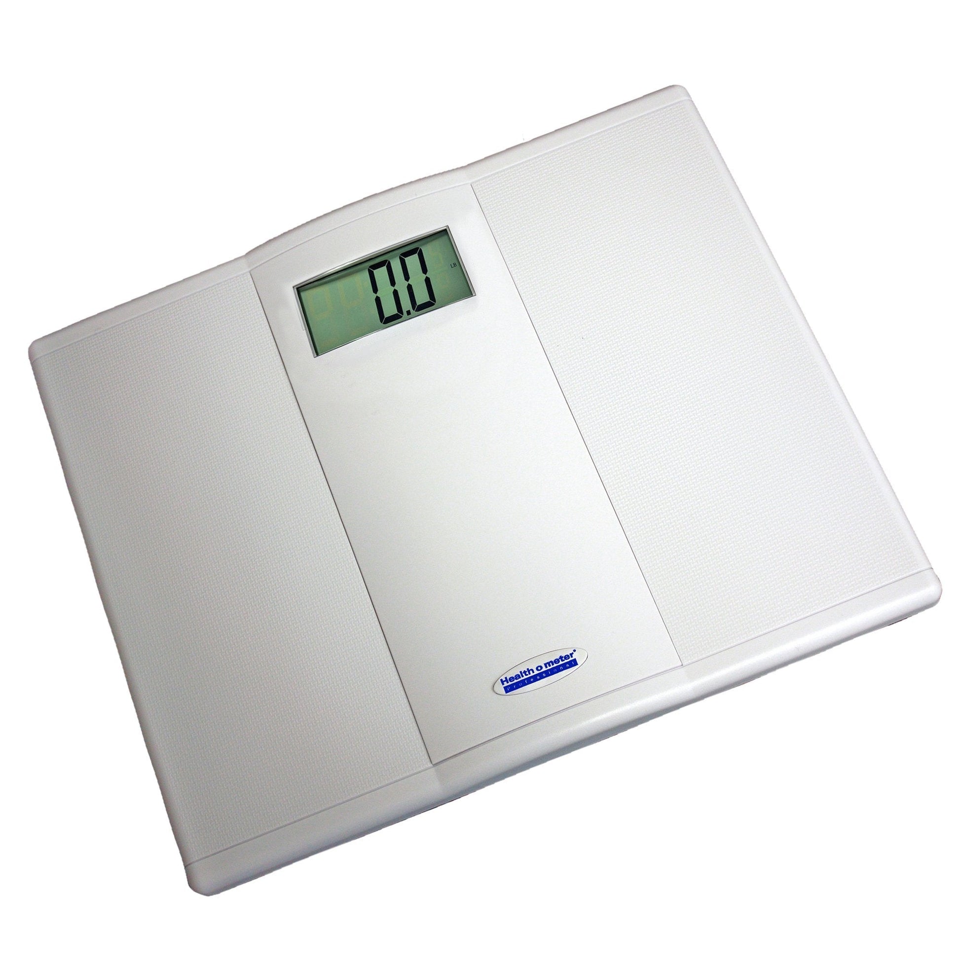 Digital floor scale, LCD display showing 0.0 lb, angled view