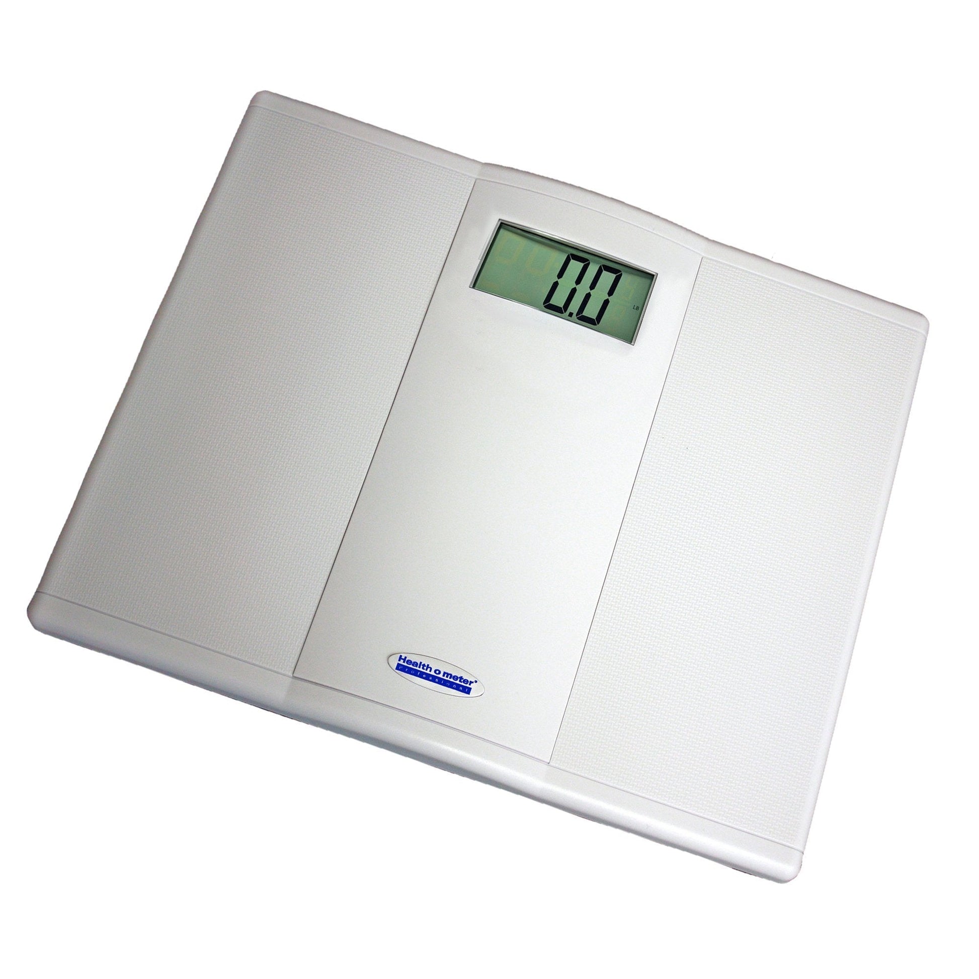Digital floor scale with LCD display reading 0.0 lb, side angle