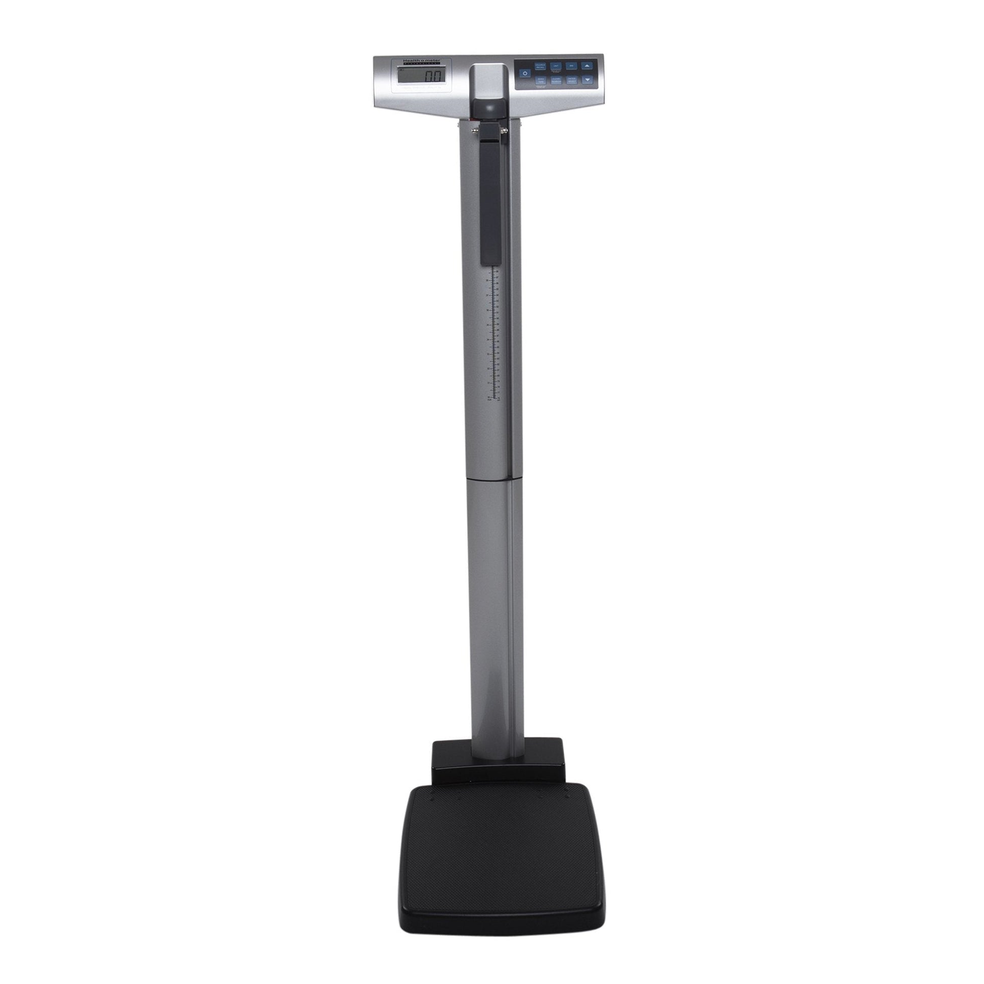 Digital physician scale with height rod, display panel, and tall stainless column