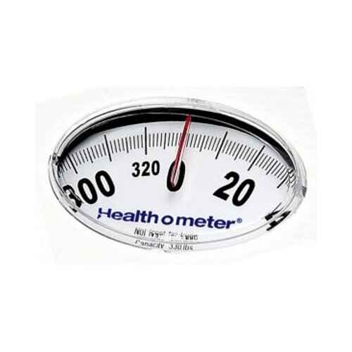 Close-up of mechanical scale dial showing 300–320 and 20 with red pointer