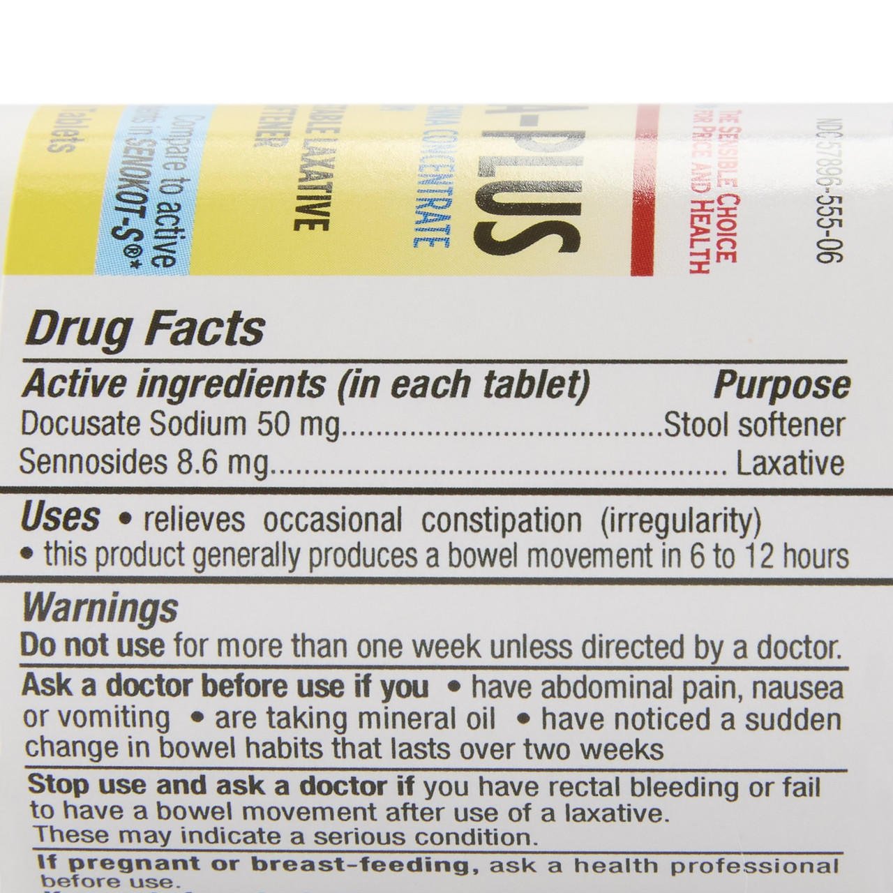 Senna-Plus Drug Facts label with active ingredients and uses for constipation