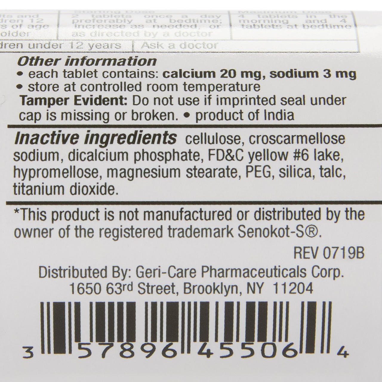Senna-Plus label section with inactive ingredients and tamper evident warning