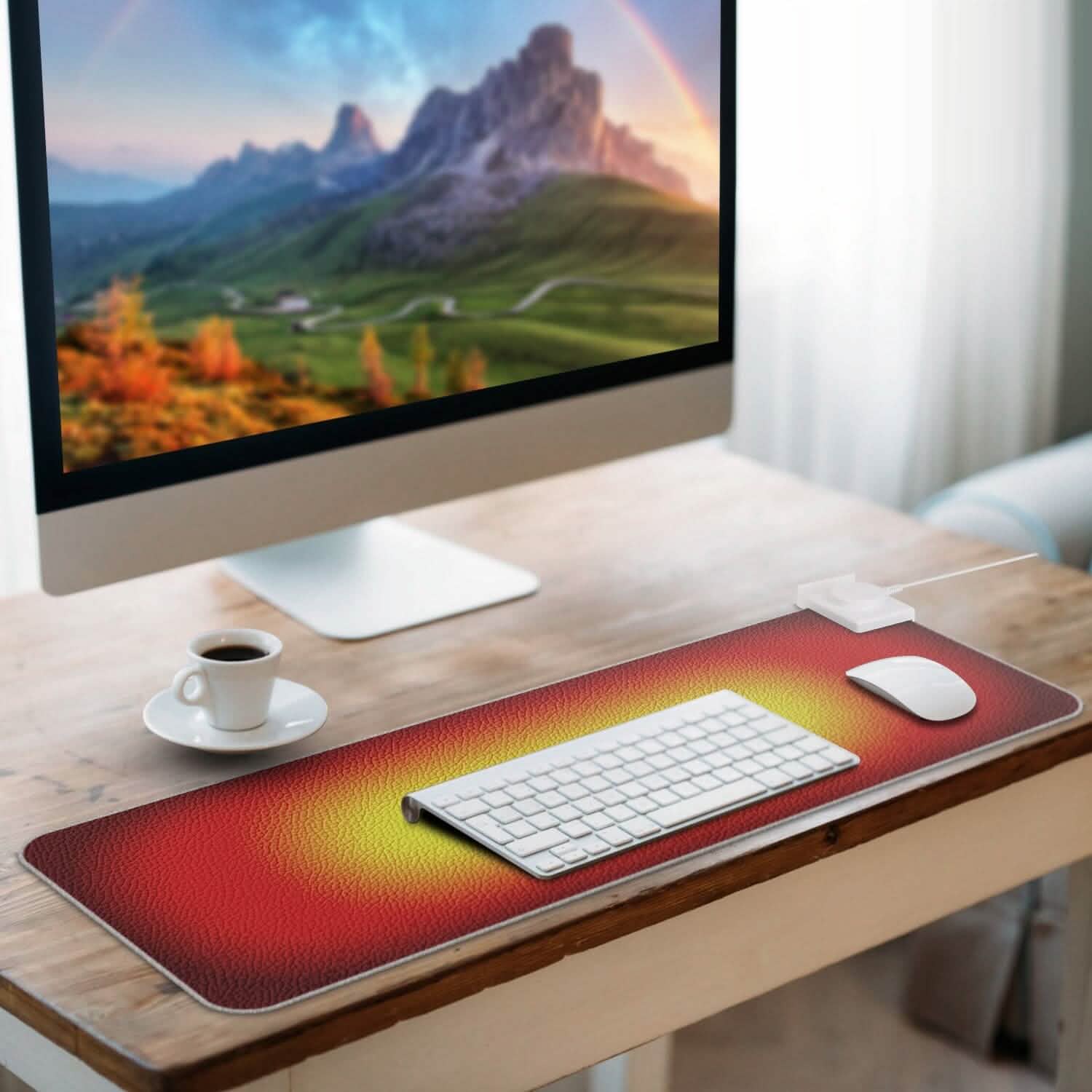 Large heated gaming mouse pad with keyboard and mouse, red-to-yellow heated surface