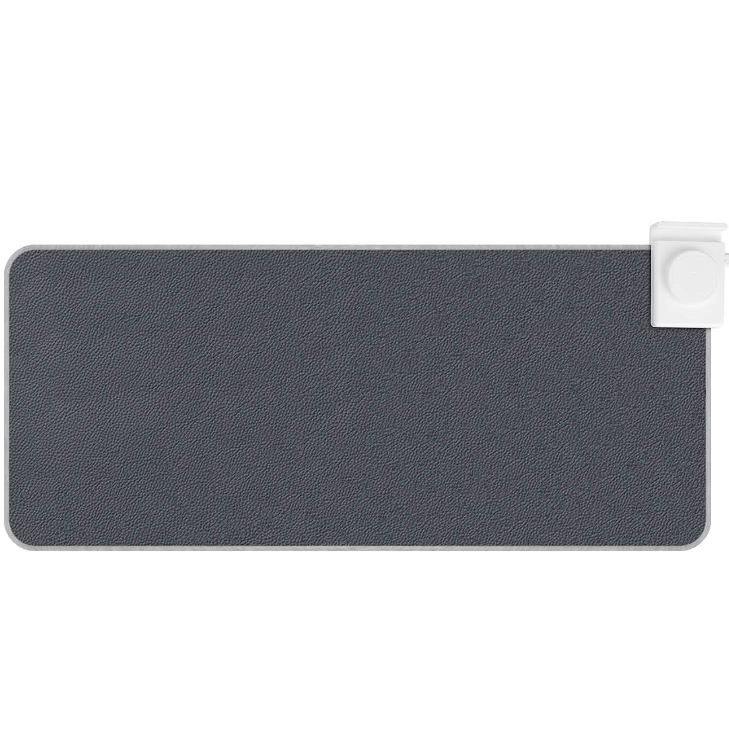 Large heated gaming mouse pad, dark textured surface with white controller plug