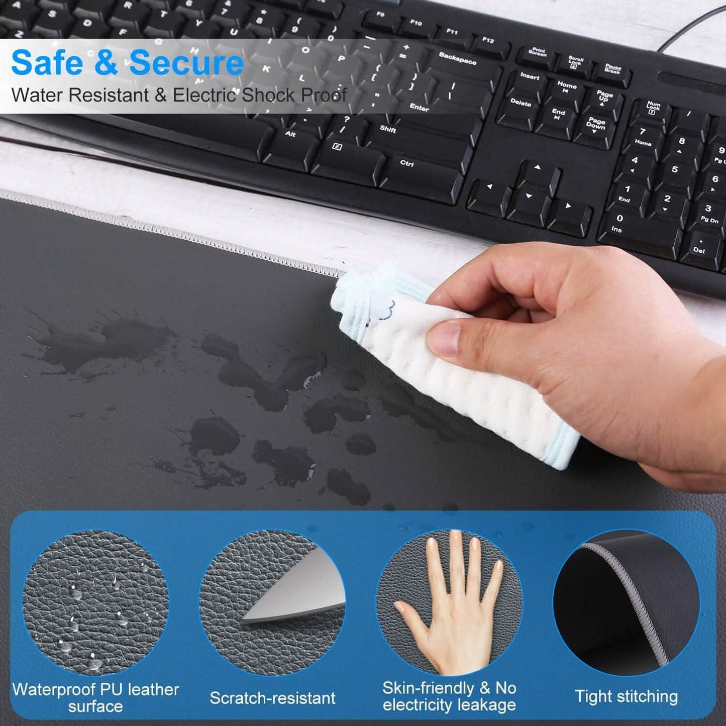 Dark heated gaming mouse pad with white controller and hand wiping for cleaning