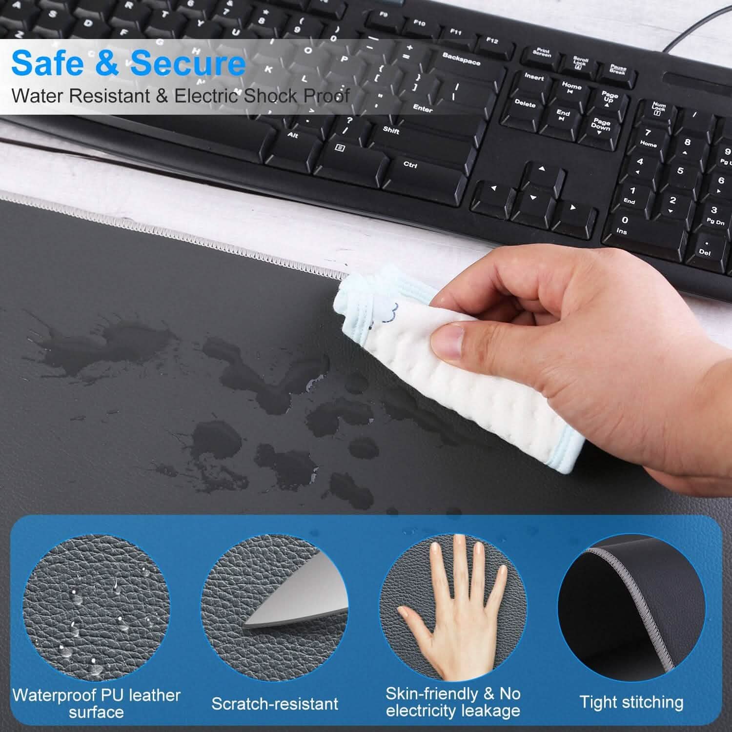 Dark heated gaming mouse pad with white controller and hand wiping for cleaning