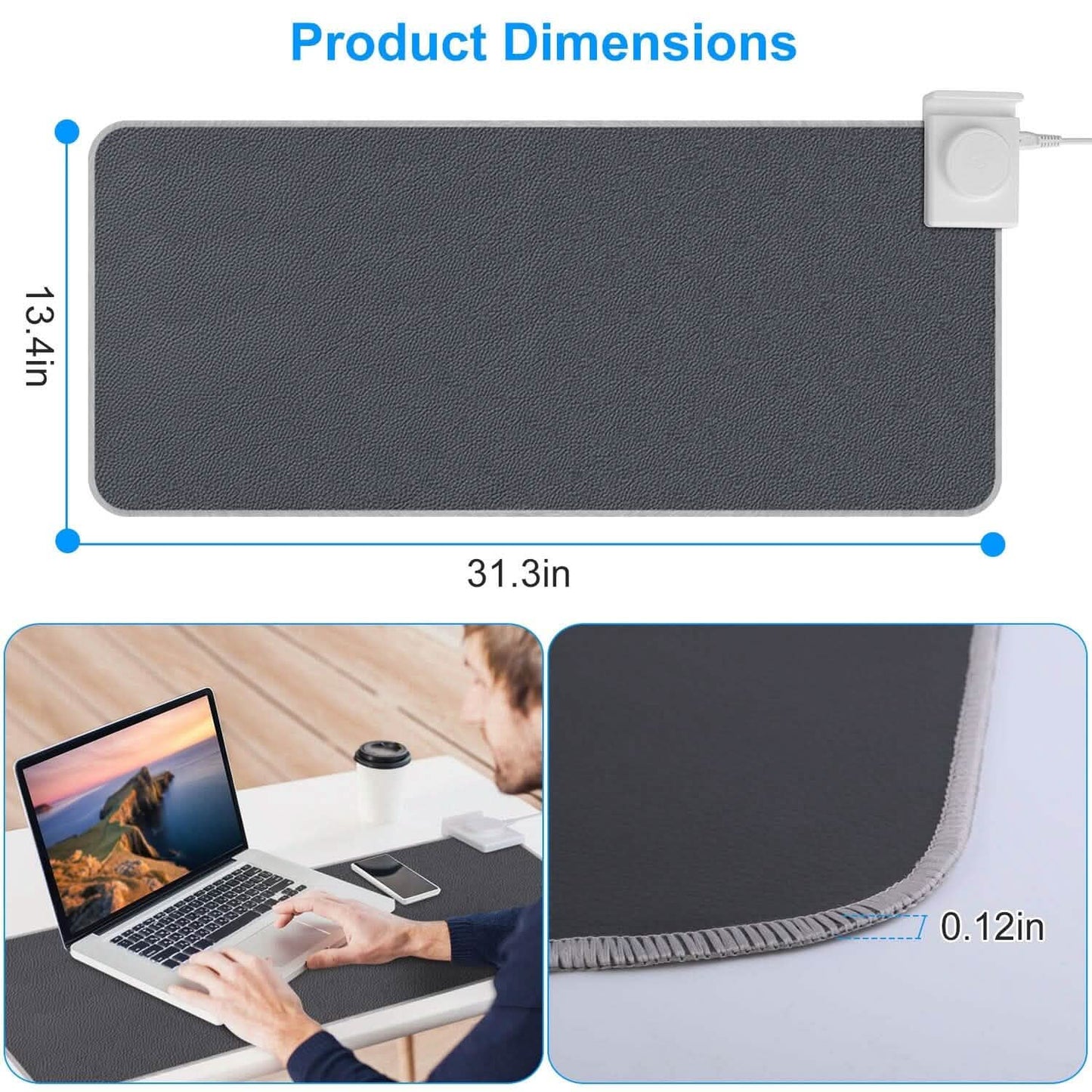 Large heated gaming mouse pad, dark surface with controller and size 31.3 x 13.4 in