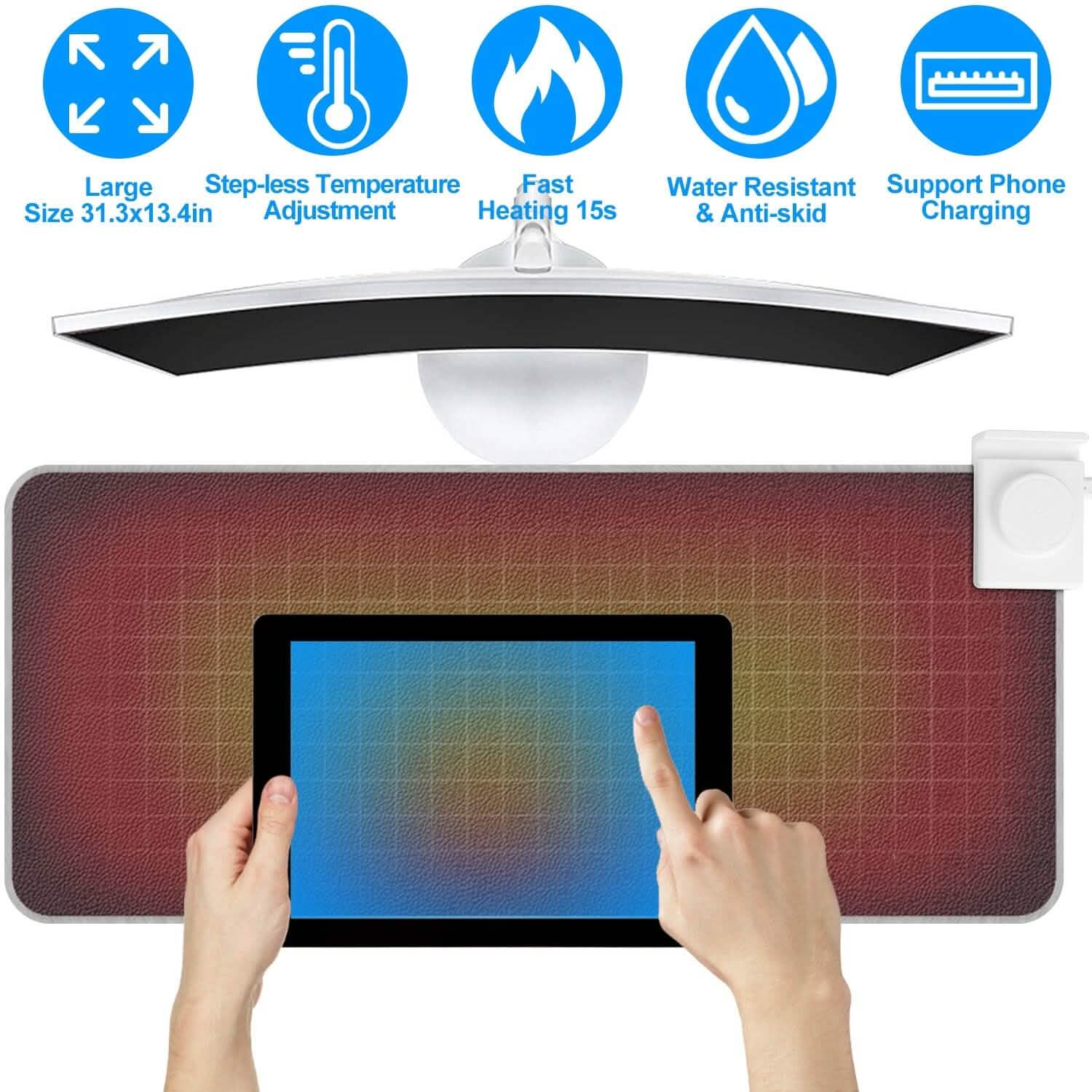 Large heated gaming mouse pad with controller, red-yellow heated gradient panel