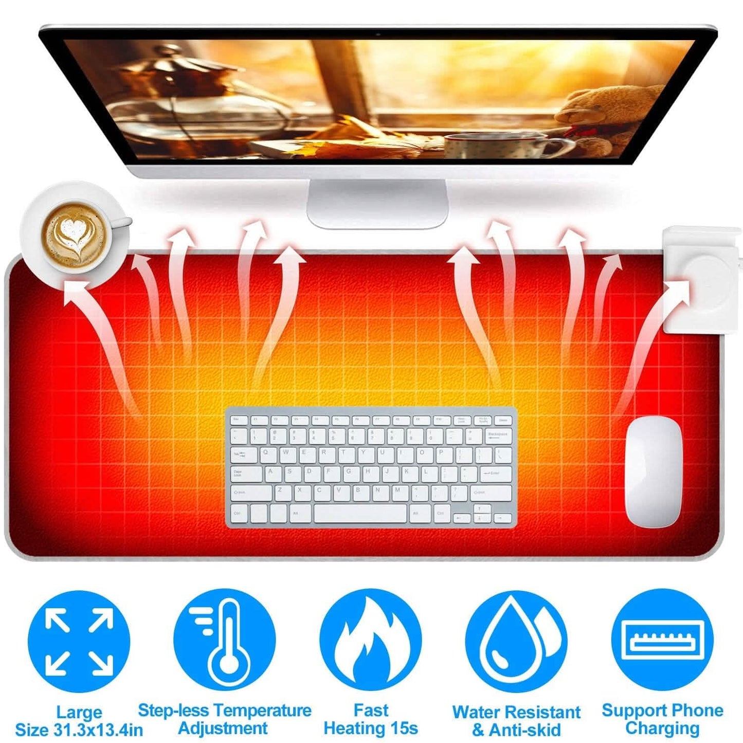 Large heated gaming mouse pad with keyboard and mouse, heating arrows on red-yellow surface