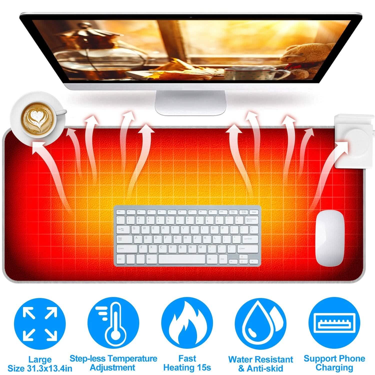 Large heated gaming mouse pad with keyboard and mouse, heating arrows on red-yellow surface