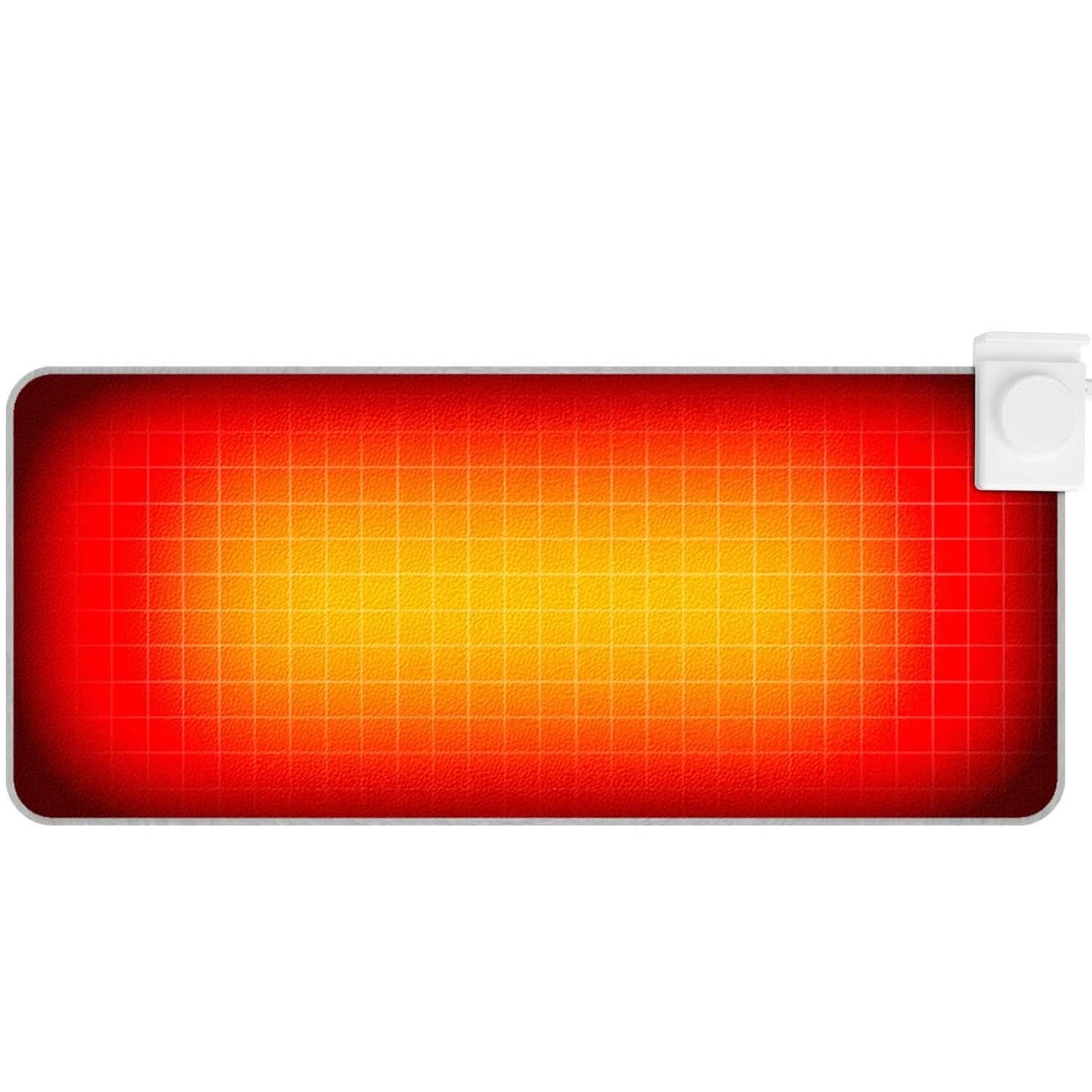 Large heated gaming mouse pad, red and yellow grid glow with white controller plug