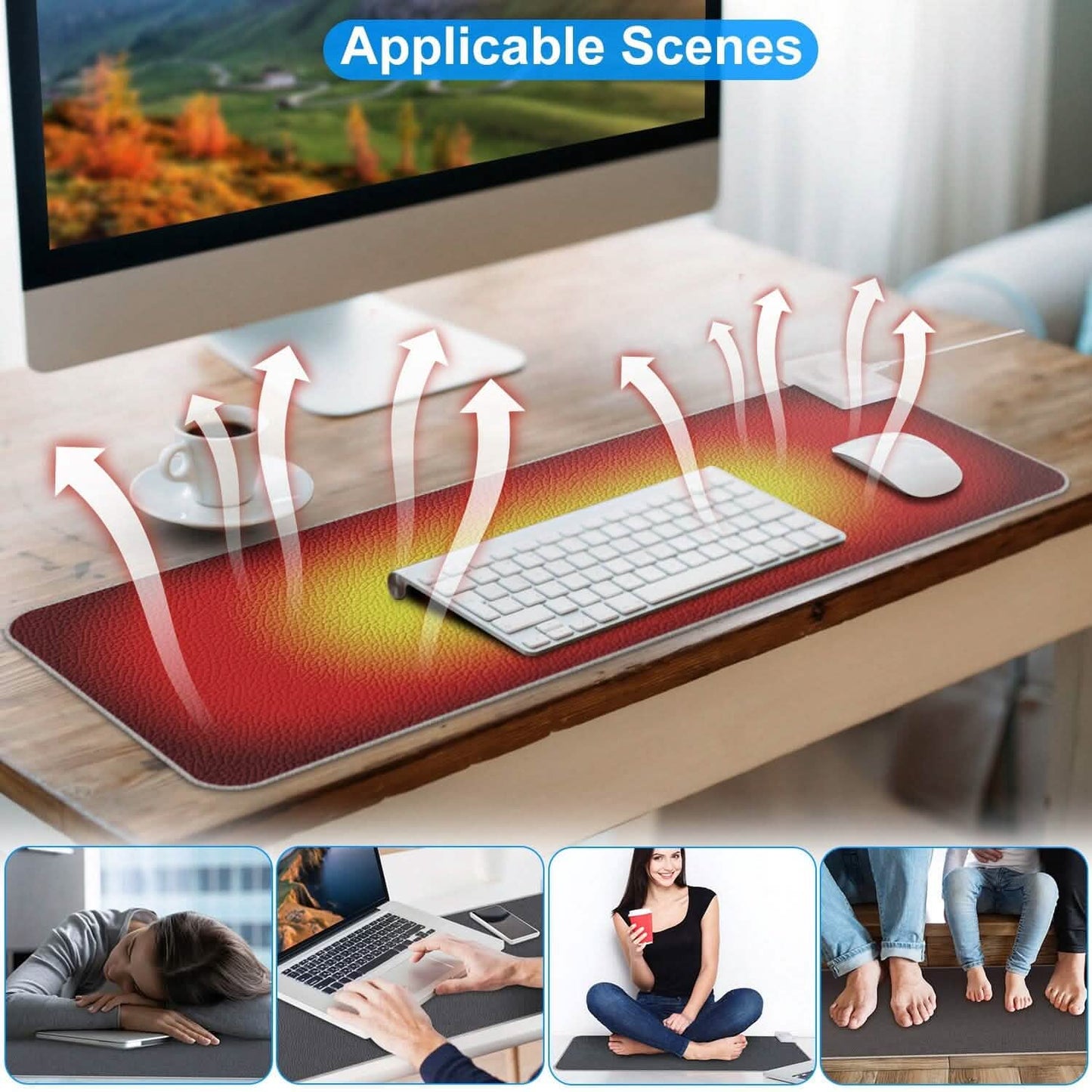 Large heated gaming mouse pad with red-yellow warmth effect under keyboard