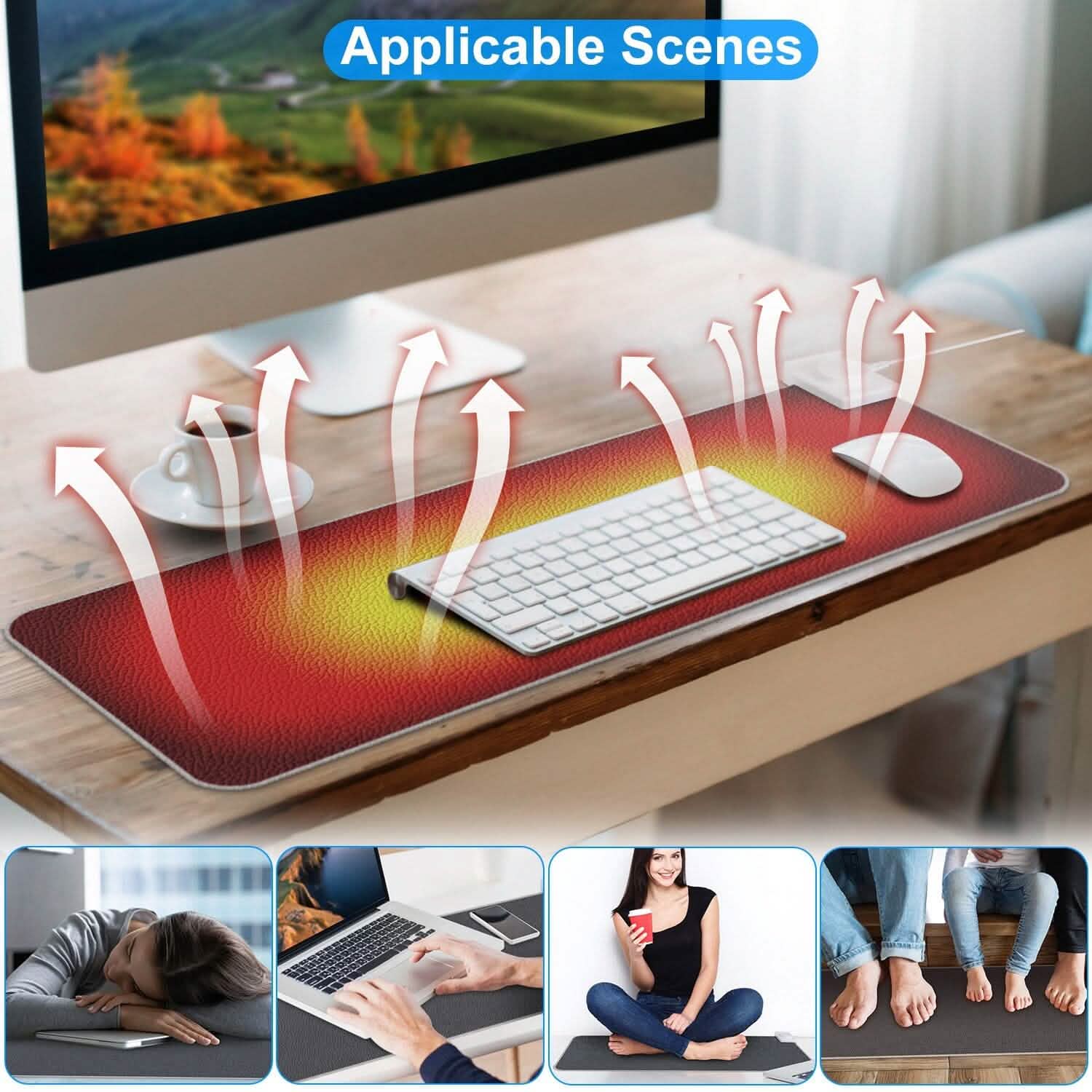 Large heated gaming mouse pad with red-yellow warmth effect under keyboard