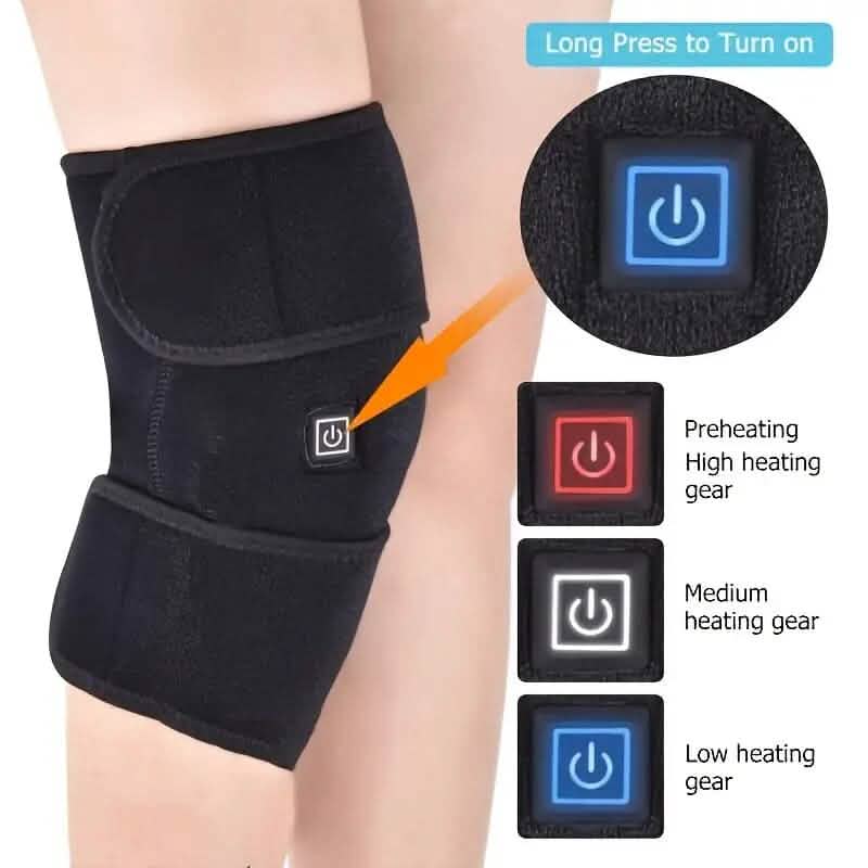 Black heated knee pad with long-press power button and heating level indicators