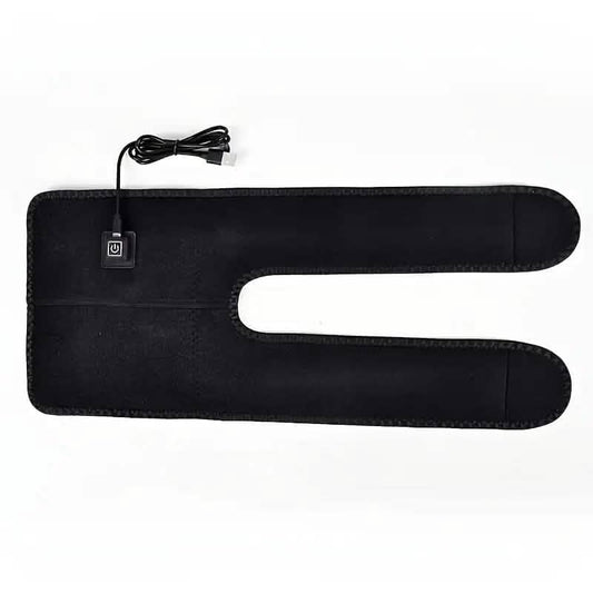 Black heated knee pads laid flat with controller and USB power cord