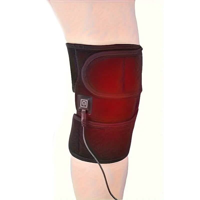 Black heated knee pad with round heating insert and power button, wired controller