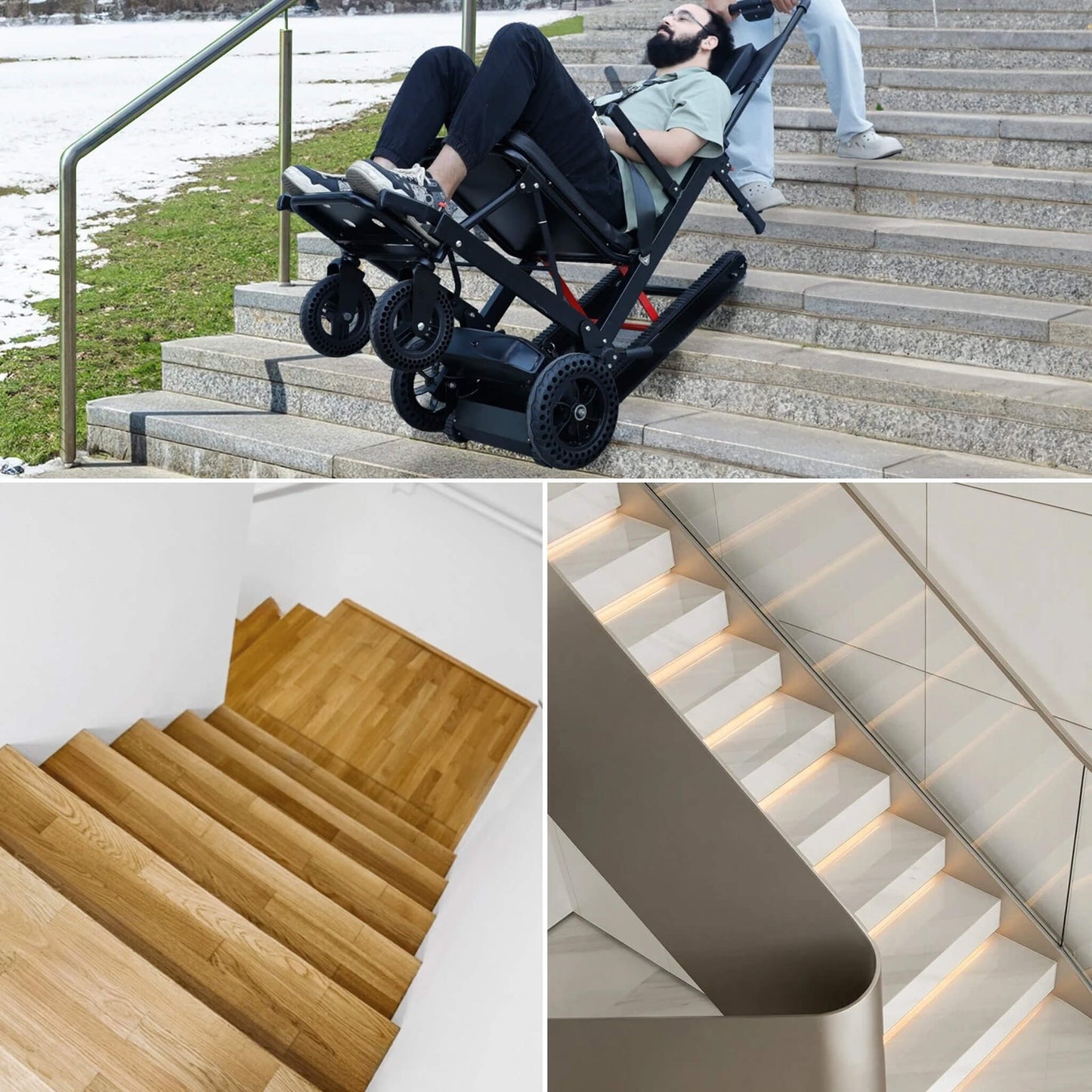 Electric stair climbing wheelchair on outdoor steps with seated rider