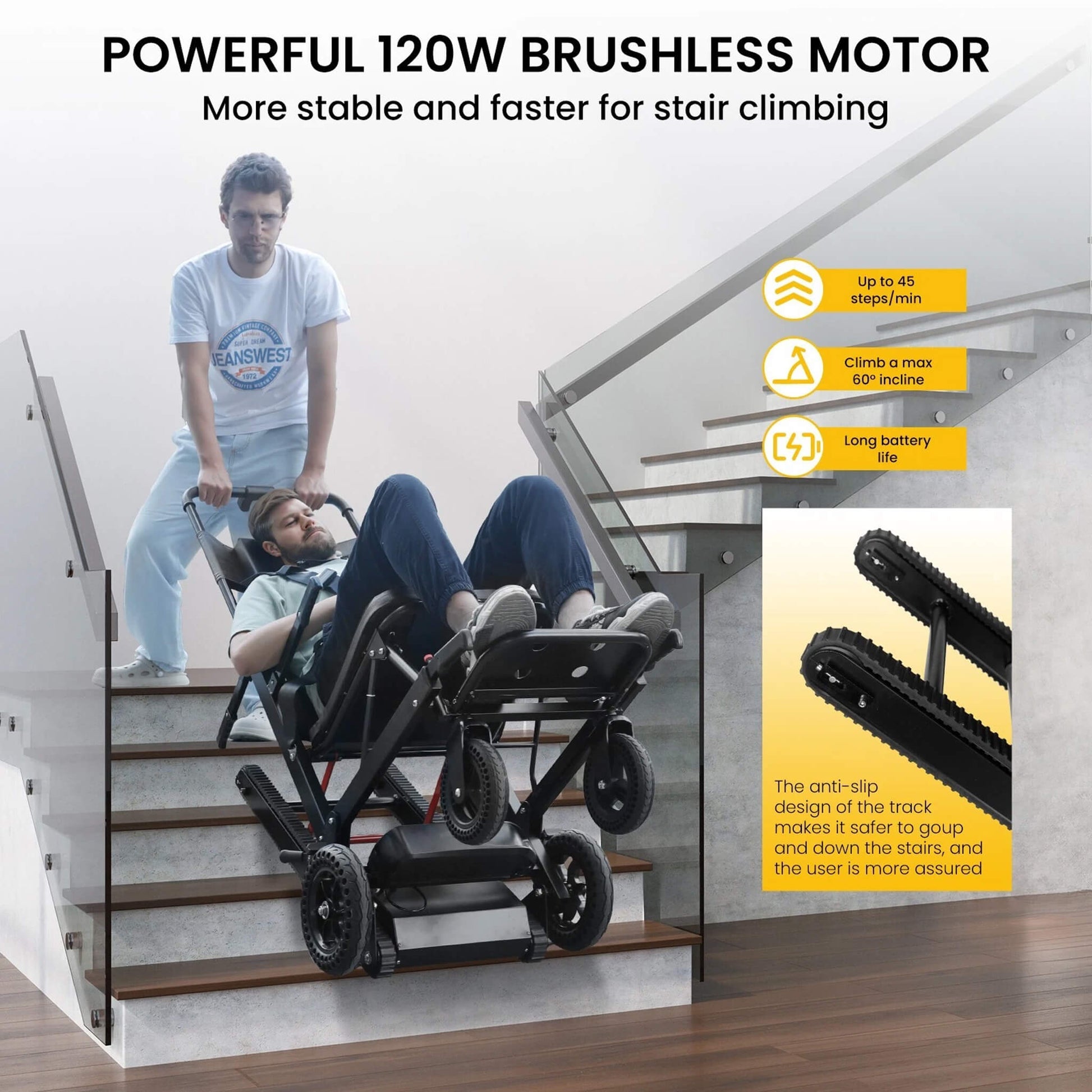 Electric stair climbing wheelchair with foot tracks and powered wheels on steps