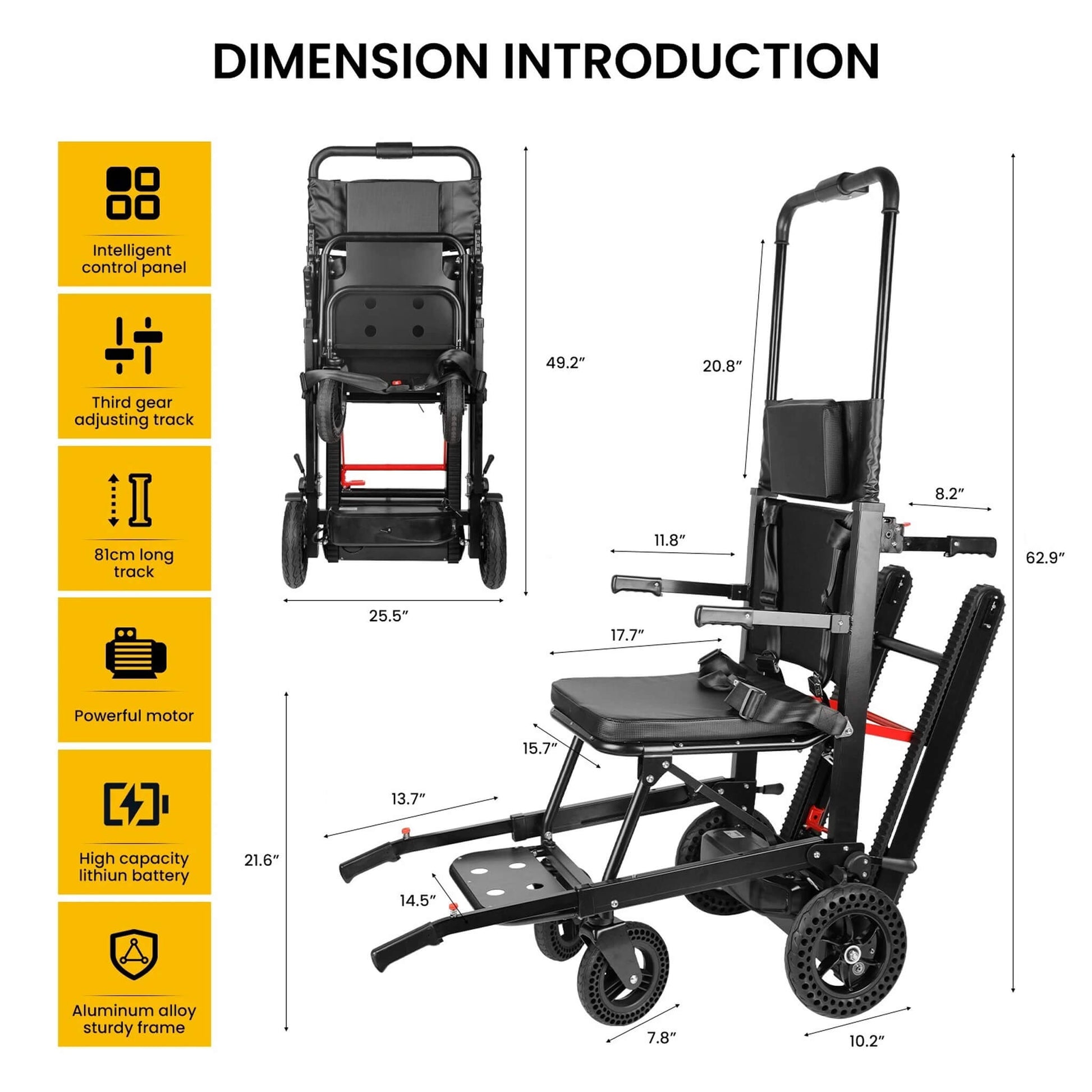 Stair climbing wheelchair with dimensions diagram, padded seat, and front track