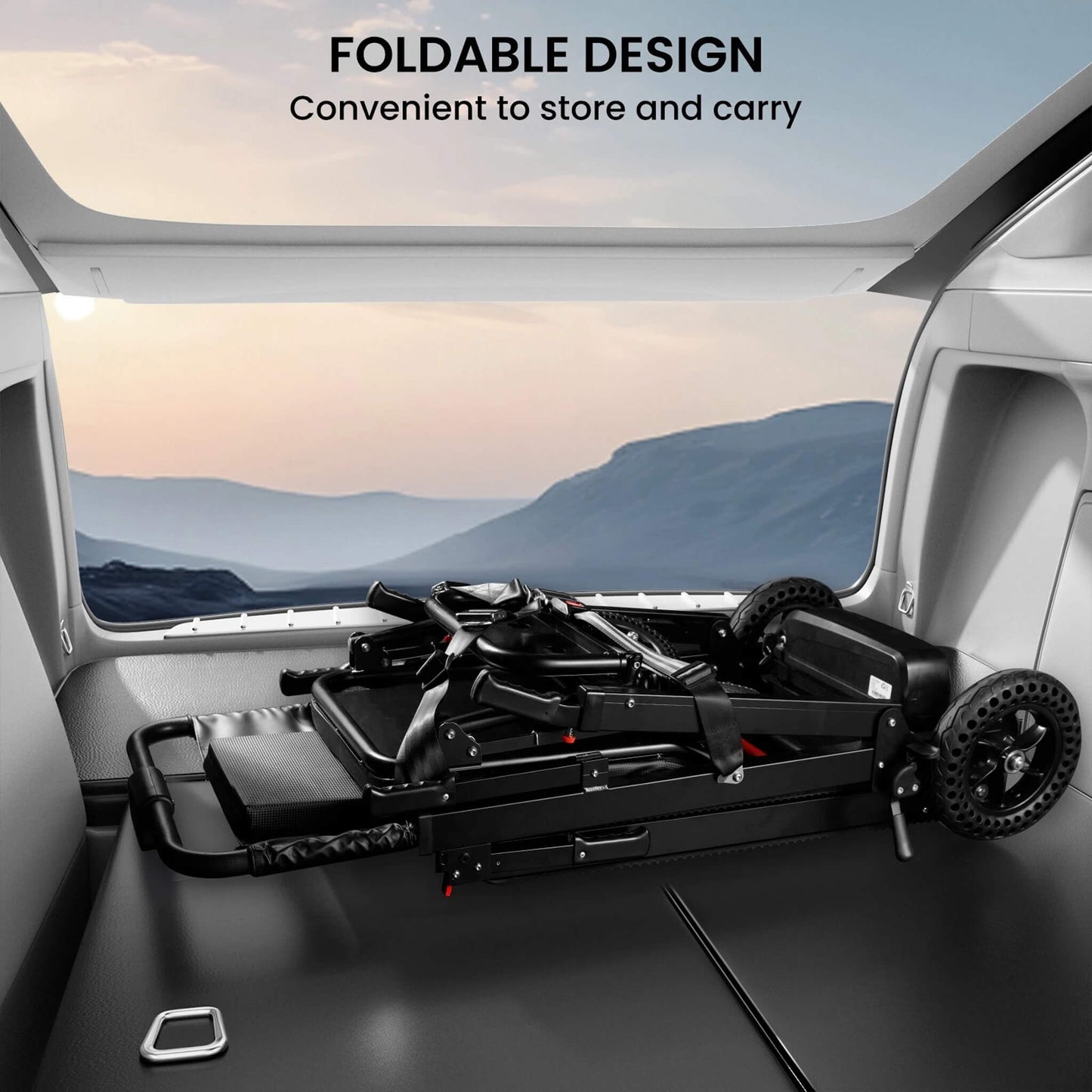 Folded stair climbing wheelchair positioned on a car seat with control handle visible