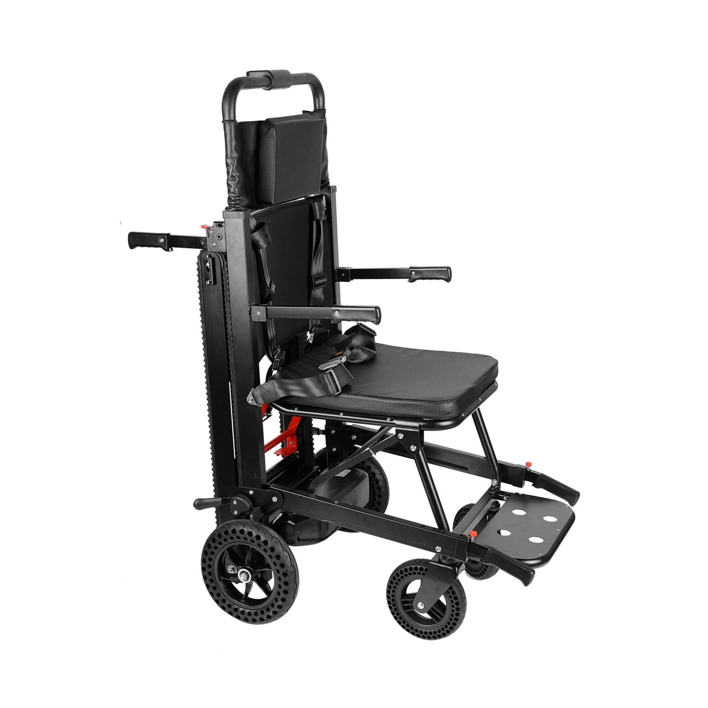 Electric foldable stair climbing wheelchair with padded seat, armrests, and foot platform